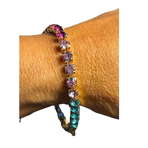 NEW Gold Tone Multi Colored Stone Tennis Bracelet 8" Blue Pink Green - Picture 8 of 9
